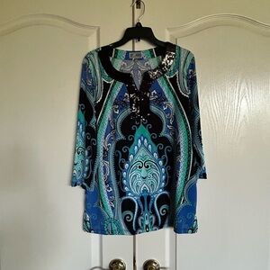 JM Collection sequin paisley 3/4 sleeve polyester spandex tunic top size M